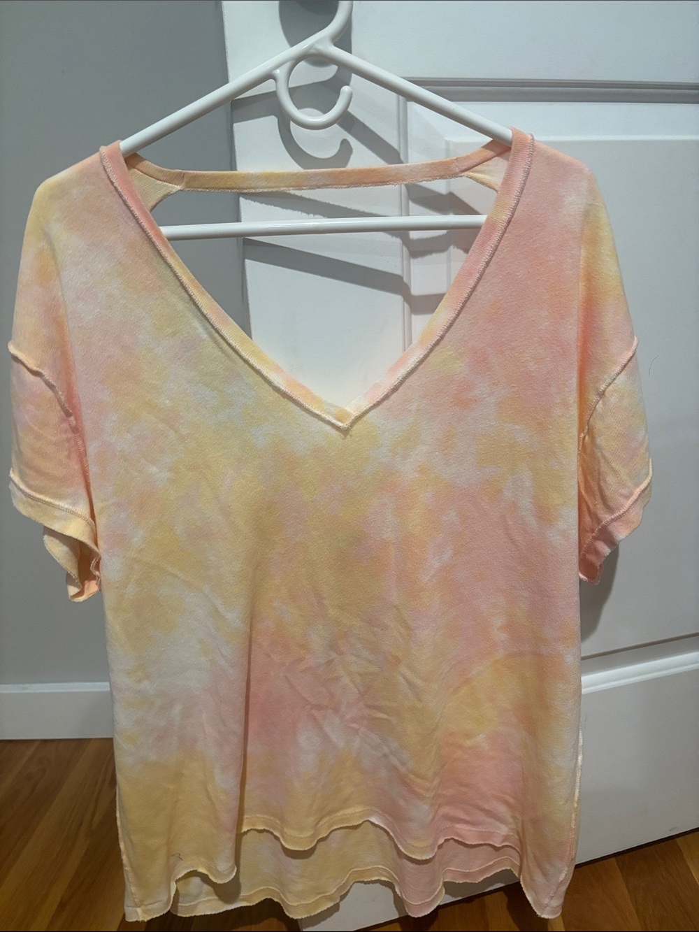 We The Free Women's V-Neck Tie-Dye Oversized Short Sleeve Top - Peach & Yellow